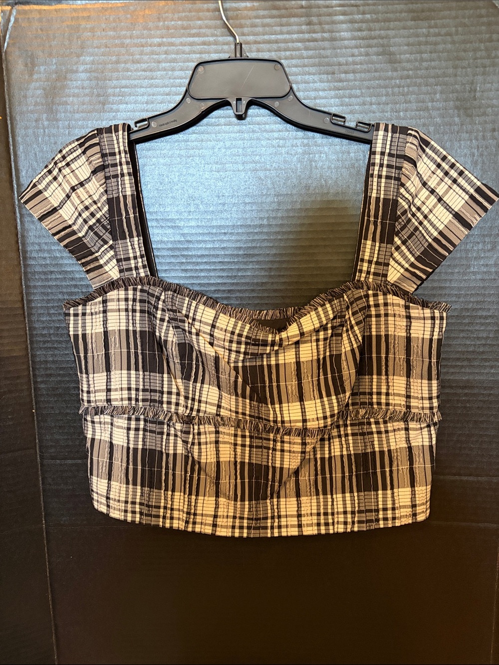 ANTONIO MELANI Black and Cream Plaid Square-Neck Crop Top